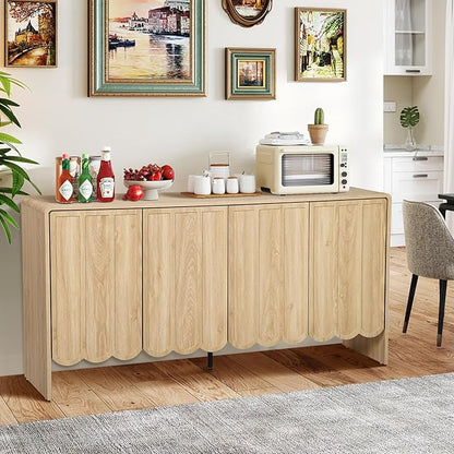 ORRD Sideboard Buffet Cabinet, Accent Storage Cabinets with 4 Doors, Farmhouse Wood Cabinet with Adjustable Shelves and Wave Panel for Living Room, Dining Room, Entry - Natural