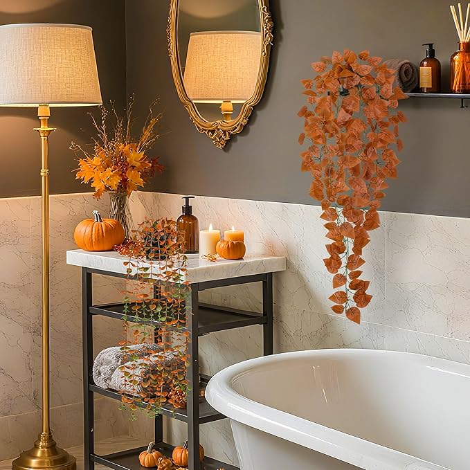 Der Rose 4Pcs Fake Fall Plants Hanging Orange Artificial Eucalyptus Plants, Boston Fern, Fake Potho, String of Pearls for Halloween Bathroom Table Centerpiece Wall Mantle Decor Indoor and Outdoor