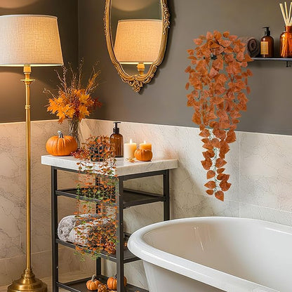 Der Rose 4Pcs Fake Fall Plants Hanging Orange Artificial Eucalyptus Plants, Boston Fern, Fake Potho, String of Pearls for Halloween Bathroom Table Centerpiece Wall Mantle Decor Indoor and Outdoor