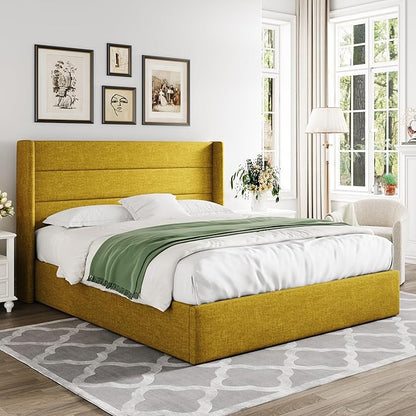 Allewie Full Size Lift Up Storage Bed, Modern Wingback Headboard, Hydraulic Support, No Box Spring Needed, Olive Yellow