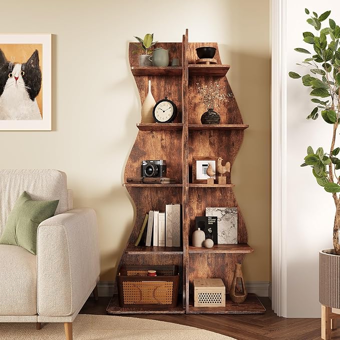 LITTLE TREE 70-Inch Corner Shelf, Seaweed Shaped Etagere Display Bookshelf, Freestanding 5-Tier Wall Shelves for Small Spaces, Living Room, Bedroom, Rustic, 2 Pack