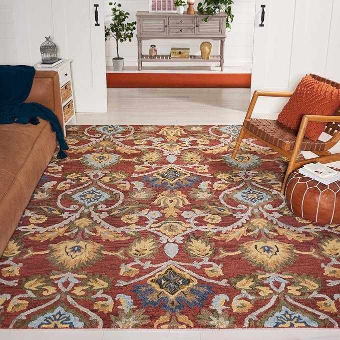 SAFAVIEH Blossom Collection Area Rug - 10' x 14', Red & Multi, Handmade French Country Floral Wool, Ideal for High Traffic Areas in Living Room, Bedroom (BLM402Q)
