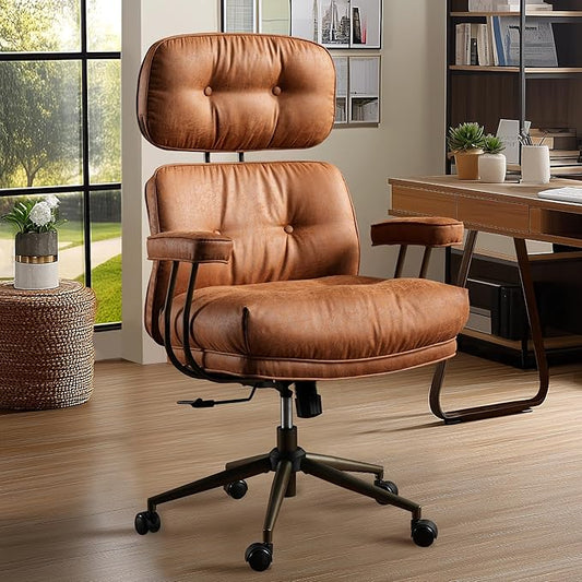 Mid Century Modren Big and Tall Office Chair,Large Ergonomic Executive Chair for Heavy Duty People, Desk Task Chair with Wheels, Faux Lether Fabric Wide Chair for Home Sturdy,Brown(Suede)