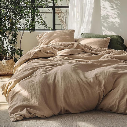 Bedsure Linen Duvet Cover Queen - Linen Cotton Blend Bedding Set, Soft & Cozy, 3 Pieces, 1 Duvet Cover 90x90 Inches and 2 Pillowcases, Brown Color Cooling Bedding, Comforter Sold Separately