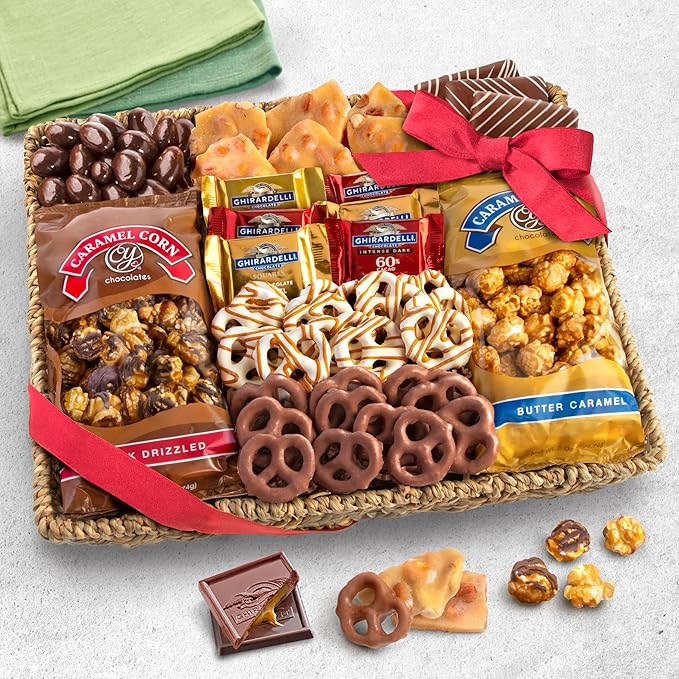 A Gift Inside With Sympathy Chocolate Caramel and Crunch Grand Gift Basket with Snacks, Ghirardelli and Chocolate-Covered Nuts