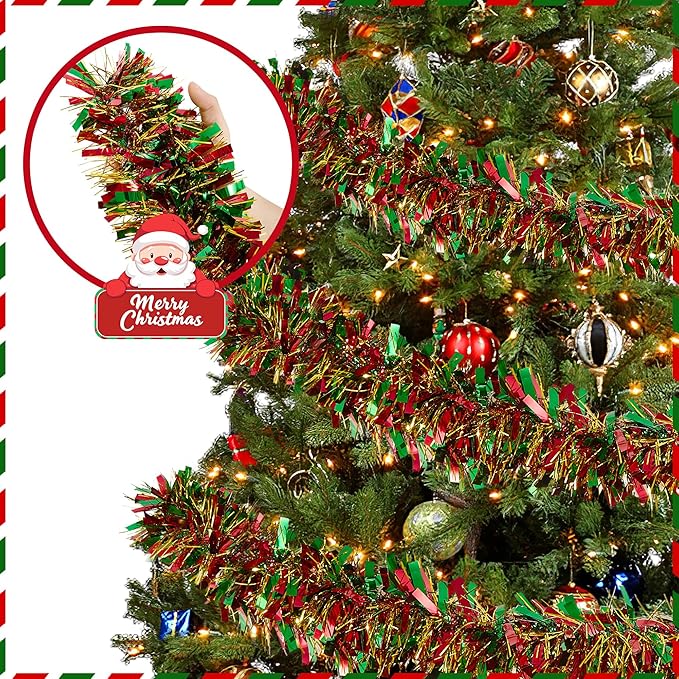 50FT Tinsel Christmas Garland Metallic Twist Garland Shiny Hanging Tinsel for Christmas Tree Party Supplies Indoor Outdoor Home Xmas Decoration (Gold Red Green)