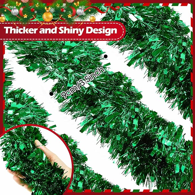 50FT Tinsel Christmas Garland Metallic Twist Garland Shiny Hanging Tinsel for Christmas Tree Party Supplies Indoor Outdoor Home Xmas Decoration (Green)
