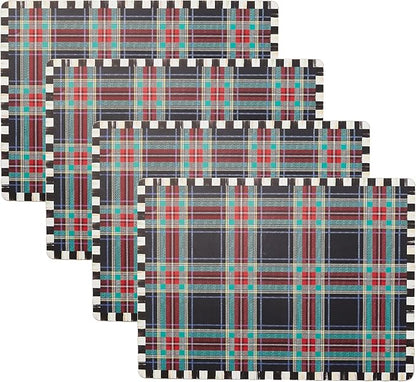 MACKENZIE-CHILDS Set of 4 Cork-Back Placemats, Hard-Finish Table Mats, Tartan Black