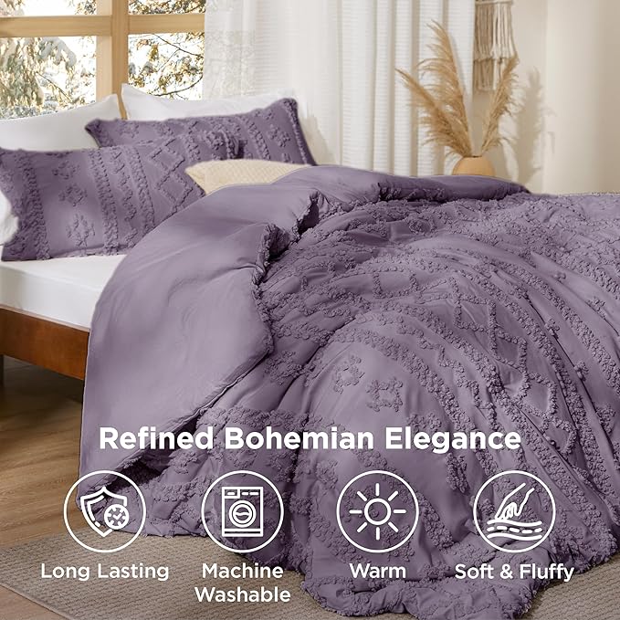 Bedsure Tufted Boho Comforter Set Queen Size - Grayish Purple Boho Bed Set, GentleSoft™ 3 Pieces Farmhouse Shabby Chic Embroidery Bedding, Gifts for Woman, Jacquard Queen Comforter for All Seasons