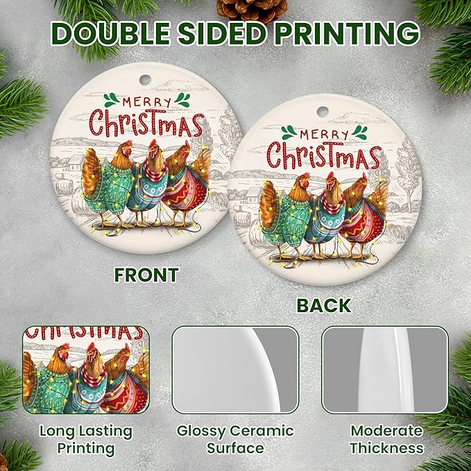 OASSIE Chicken Ornaments for Christmas Tree - Ceramic Christmas Ornaments 2025 - Chicken Ornaments for Xmas Tree, Rustic Home Decor, Rooster Gifts for Women Men Family Friends