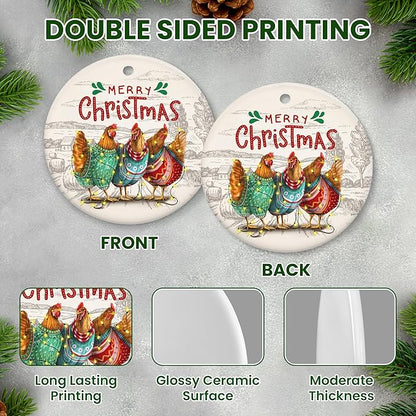 OASSIE Chicken Ornaments for Christmas Tree - Ceramic Christmas Ornaments 2025 - Chicken Ornaments for Xmas Tree, Rustic Home Decor, Rooster Gifts for Women Men Family Friends