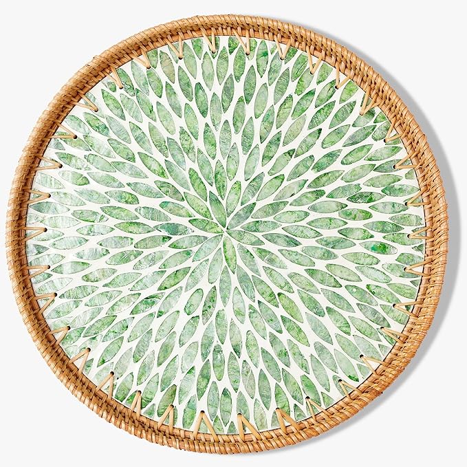 Round Rattan Tray with Mother of Pearl Inlay & Wooden Base - Decorative Wicker Serving Tray for Coffee/Bread/Fruits, Food Storage & Display - Multipurpose Home Decor (M,Green Leaves)