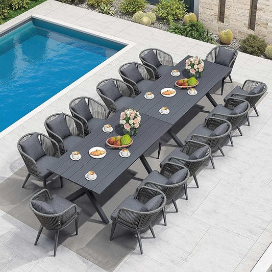 PURPLE LEAF 16 Pieces Patio Dining Table Set Wicker Outdoor Furniture Rectangular Table and Chairs Set for Garden Deck Aluminum Frame Backyard Kitchen Set, Cushions and Pillows Included Grey