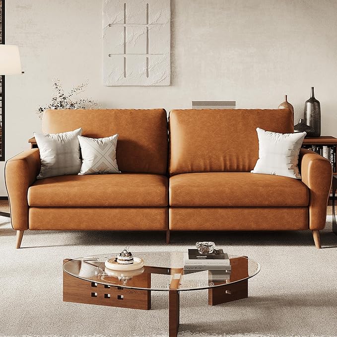 GarveeHome 84" Faux Leather Couch, Brown Couches for Living Room, 3 Seater Sofa with Wide Armrests, Wood Legs, Deep Seats, Mid-Century Modern Loveseat Sofa for Small Spaces, Easy Assembly