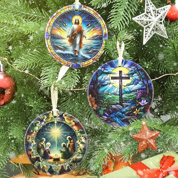 Cross 3.5 Inch Ceramic Christmas Hanging Ornament - Cross & River