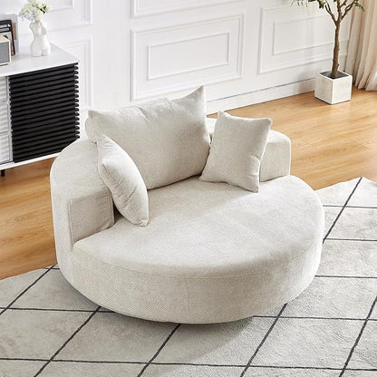 KEIKI 55" Oversized Swivel Accent Chair, Large Barrel Chairs Upholstered Round Swivel Chair, Chenille Single Sofa Armchair, Sleeper Chair for Living Room, Lounge, Beige
