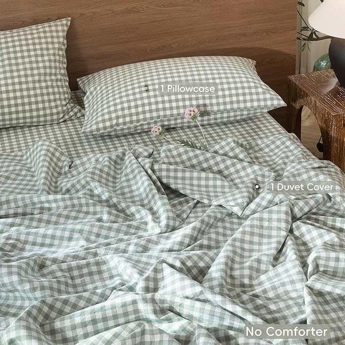MooMee Gingham Duvet Cover Set 100% Washed Cotton Linen Like Textured Breathable Durable Soft Comfy Modern Checkered Design (Sage Green Gingham, Twin 68"x90")