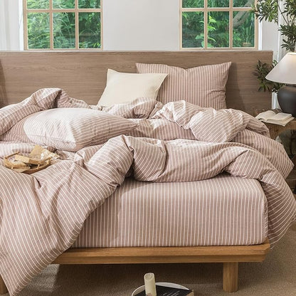 MooMee Striped Duvet Cover Set 100% Washed Cotton Linen Like Textured Breathable Durable Soft Comfy (Orange White Wide Stripes, Super King 108"x98")