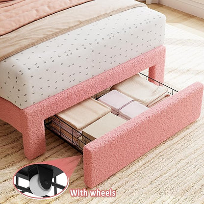 GarveeHome 2 Sets Twin Bed Frame with Under-Bed Drawer, Upholstered Platform Bed with Wave Headboard for Kids/Girls, Wooden Slats Support, No Box Spring Needed, Boucle Pink