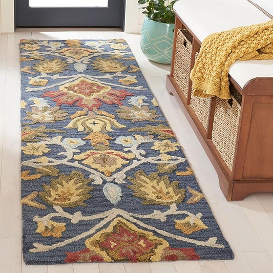 SAFAVIEH Blossom Collection Runner Rug - 2'3" x 14', Navy & Multi, Handmade Wool, Ideal for High Traffic Areas in Living Room, Bedroom (BLM402A)