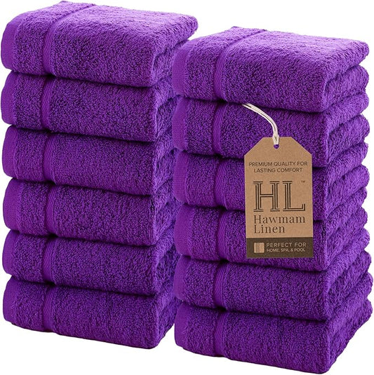 Hawmam Linen Luxury Cotton Washcloths 13x13 Inch Large Hotel Spa Bathroom Face Towel 12 Pack, Purple