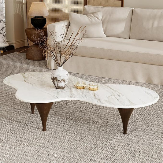 54.7" Irregular Modern Coffee Table Unique Wave-Shaped Design, Sintered Stone Living Room Table with Wood-Like Texture Metal Legs, Easy Assembly Cloud Tea Table for Living Room, Bedroom