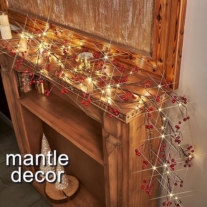 Fudios Lighted Red Berry Garland with Timer 120 LED 6FT Battery Operated USB Plug in,Lit Christmas Garlands Lights for Home Mantle Inside