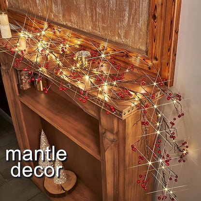 Fudios Lighted Red Berry Garland with Timer 120 LED 6FT Battery Operated USB Plug in,Lit Christmas Garlands Lights for Home Mantle Inside