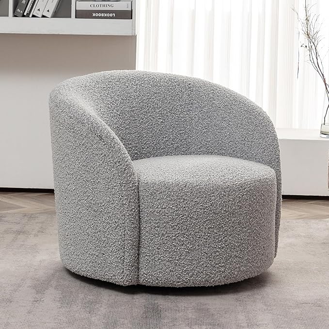 KINWELL 34" W Mid Century Modern Swivel Barrel Chair, Round Upholstered Boucle Swivel Accent Chairs, No Assembly Chair for Living Room Bedroom Reading Apartment Lounge Nursery(Black White)