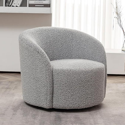 KINWELL 34" W Mid Century Modern Swivel Barrel Chair, Round Upholstered Boucle Swivel Accent Chairs, No Assembly Chair for Living Room Bedroom Reading Apartment Lounge Nursery(Black White)
