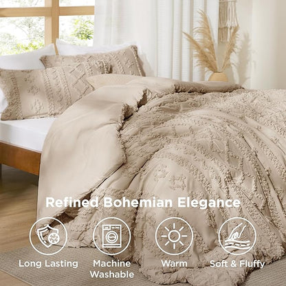 Bedsure Tufted Boho Comforter Set Oversized Queen - Khaki Boho Bed Set, GentleSoft™ 3 Pieces Farmhouse Shabby Chic Embroidery Bedding, Gifts for Woman, Soft Jacquard Comforter for All Seasons