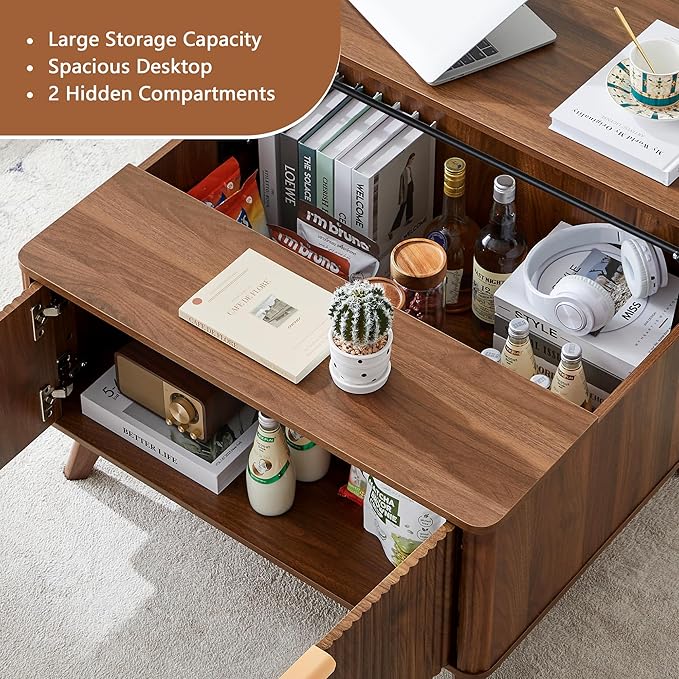 Fluted Lift Top Coffee Table with Large Hidden Compartment, 31.5” Wooden Center Table with Storage, Mid Century Modern Lift Tabletop Coffee Tables for Living Room Home Office, Walnut