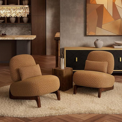 Morden Fort Boucle Chair, Upholstered Accent Chair Tilted Wooden Leg with Durable Comfy Boucle Pet-Friendly Thick Cushion & Pillow Armless Modern Chairs for Living Room Bedroom Reading, Toffee Orange