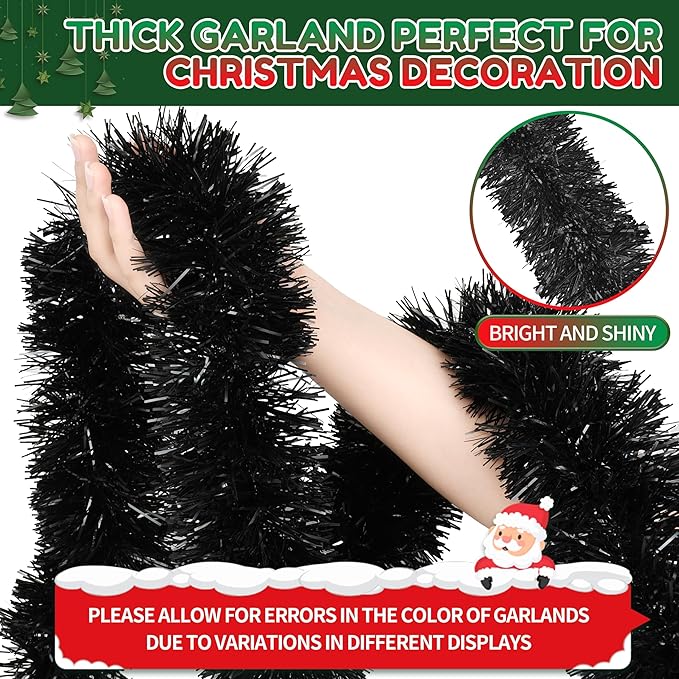 50 Ft Christmas Tinsel Garland Black Thick Tinsel Garland Xmas Tree Decorations Metallic Tinsel Twist Garland for Christmas, Birthday, Party Decor Indoor Outdoor Party Supplies
