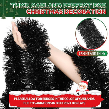 50 Ft Christmas Tinsel Garland Black Thick Tinsel Garland Xmas Tree Decorations Metallic Tinsel Twist Garland for Christmas, Birthday, Party Decor Indoor Outdoor Party Supplies