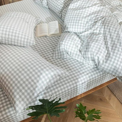 MooMee Gingham Duvet Cover Set 100% Washed Cotton Linen Like Textured Breathable Durable Soft Comfy Modern Checkered Design (Northern Droplet Grey Gingham, Super King 108"x98")