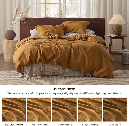 Bedsure Linen Duvet Cover Queen - Linen Cotton Blend Bedding Set, Soft & Cozy, 3 Pieces, 1 Duvet Cover 90x90 and 2 Pillowcases, Pumpkin Yellow Color Cooling Bedding, Comforter Sold Separately