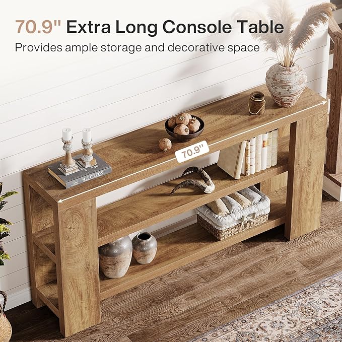 Tribesigns 70.9-Inch Extra Long Console Table with Storage, Narrow Wooden Sofa Table Behind The Couch, Farmhouse 3-Tier Entry Foyer Table for Entryway, Living Room, Hallway