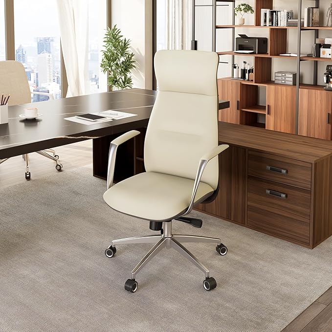 EUREKA ERGONOMIC Royal Slim Executive High Back Beige Leather Office Chair, Home Desk Chair for Adults, Big and Tall with Wheels, Swivel Rolling