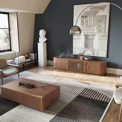 POVISON Fully-Assembled Mid-Century Modern Tambour Door TV Stand, Wood TV Console, Entertainment Center with Storage for 75 inch TV, Media Console for Living Room