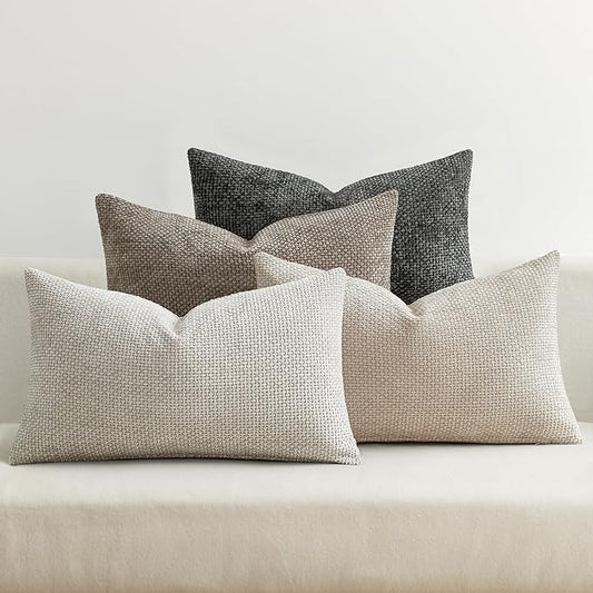 MIULEE Pack of 4 Throw Pillow Covers 12x20 Inch Neutral Soft Decorative Chenille Pillow Covers Farmhouse Boho Accent Cushion Covers for Mid Century Modern Home Decor Bedroom Living Room