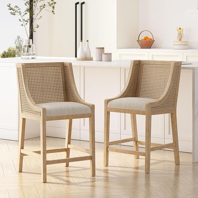 Merax 25.5" Fabric Upholstered Wood and Cane Counter Stools with Backrest,Set of 2,French Country Barstools Dining Chair
