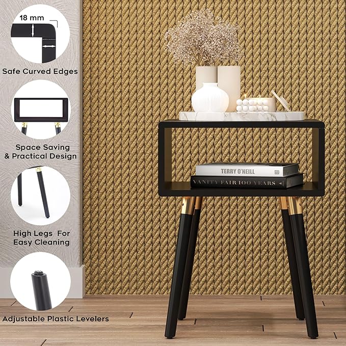 Bme Dinkee Solid Wood Bedside Table Fully Assembled Without Drawer for Mid Century Bedroom and Living Room, Black
