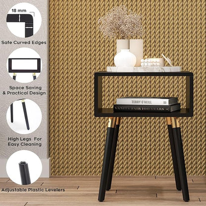 Bme Dinkee Solid Wood Bedside Table Fully Assembled Without Drawer for Mid Century Bedroom and Living Room, Black