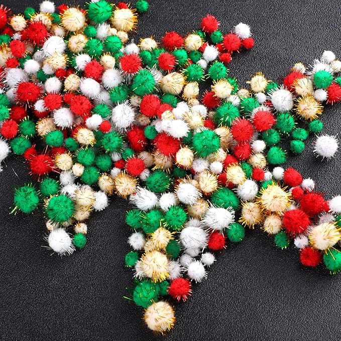 Aneco 900 Pieces Glitter Christmas Pom Poms Assorted Sizes and Colors Pompoms with Glitter Foil Christmas Crafts Fluffy Balls for Holidays DIY Art Crafts Supplies