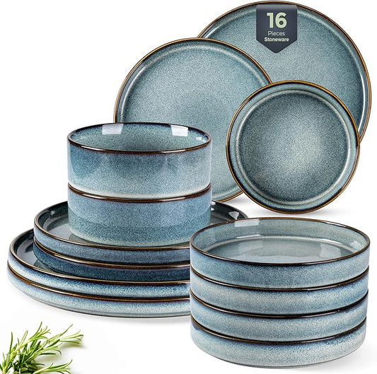 GBHOME Ceramic Dinnerware Sets With Double Bowl for 4, 16 Pieces Stoneware Plates and Bowls Set, Reactive Glaze Dishes -Scratch Resistant, Dishwasher&Microwave Safe