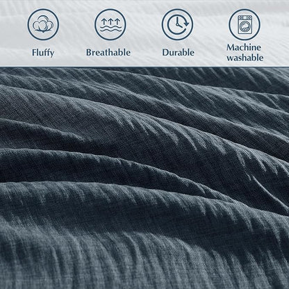 Geniospin Twin Comforter Set - 5 Pieces Comforter Twin Size, Solid Bedding Sets for All Season, Textured Bed in a Bag with Flat Sheet and Fitted Sheet, Pillowcases and Shams (Navy Blue, 66''x86'')