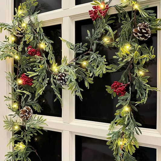 6 FT Artificial Christmas Garland, Faux Cypress Leaf Evergreen Garland with 20 LED Lights, Red Berries and Pinecones, Green-Yellow Leaves, Timer, Perfect for Indoor Outdoor Window Mantel