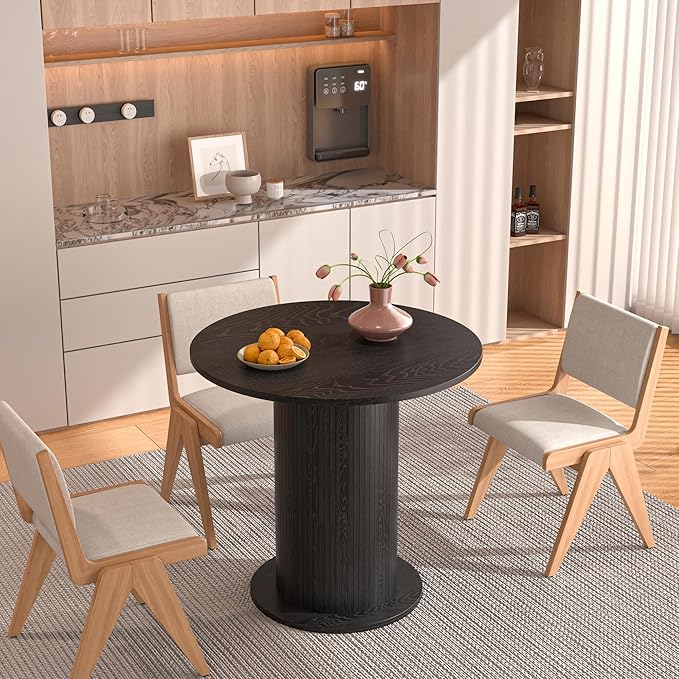 31.5 inch Round Dining Table for 2, Modern Farmhouse Kitchen Table, Small Circle Dining Tables with Wood Strip Base for Kitchen Living Room (Black)