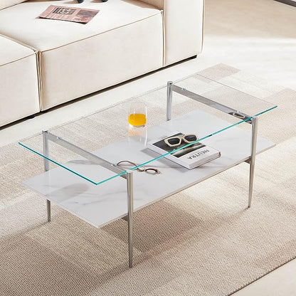 AGV LIGHTING Tadio Glass Coffee Table, Mid-Century Modern Coffee Table for Living Room, Chrome Finish Leg, Clear Glass Top & Faux Marble Wood Shelf, 41 in